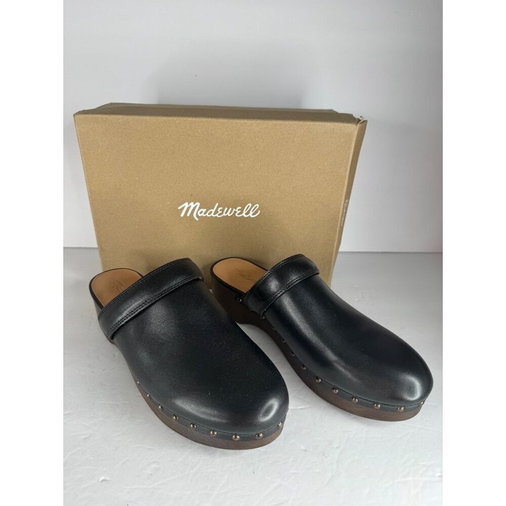 NIB Madewell Clog Black Leather w/ Studs Wooden Sole Size 9.5 Mules Cloudlift - Picture 2 of 9